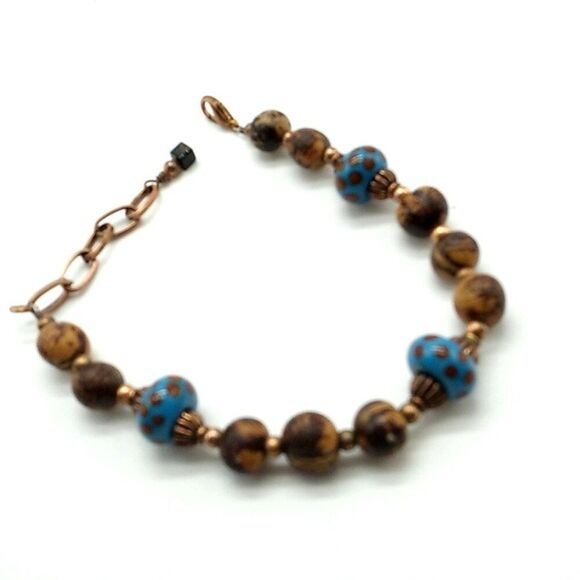 Artisan Koa Bracelet-Anklet Glass Lampwork Beads Copper-tone Spacers & Chain - Picture 6 of 11